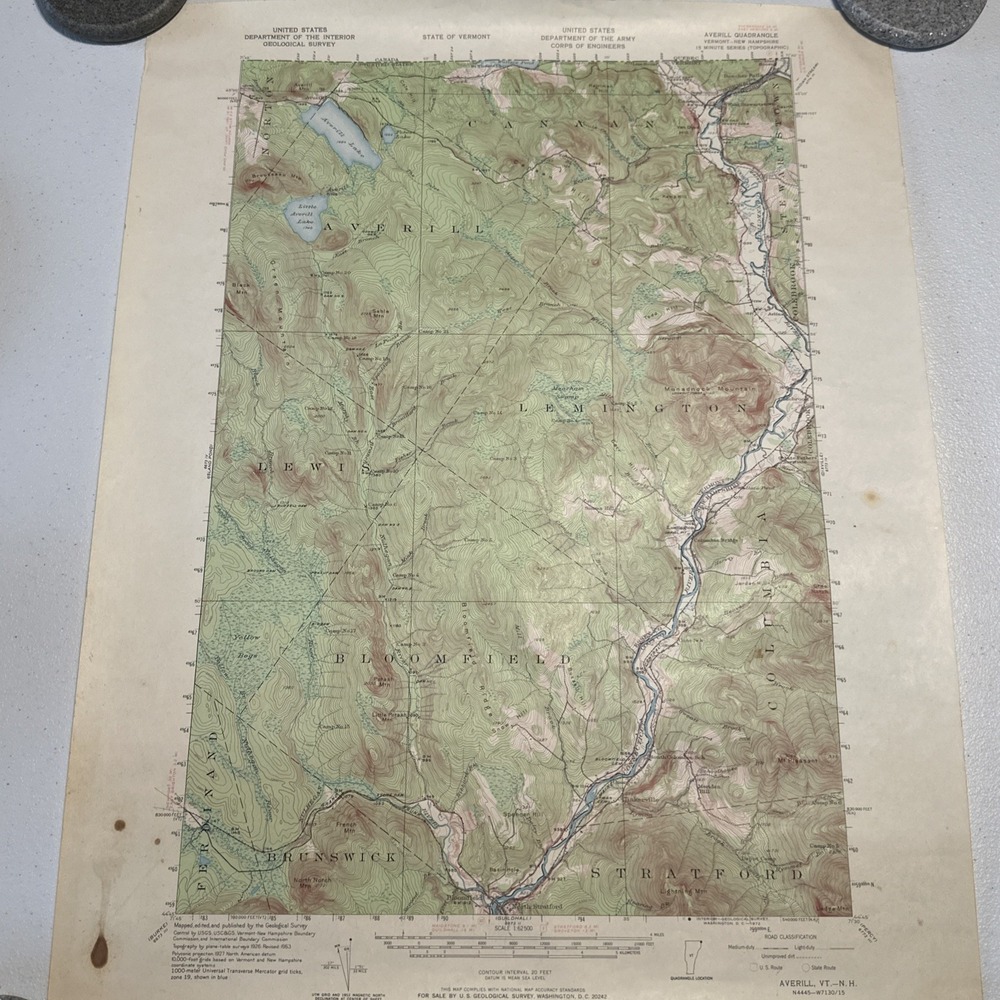 1953 US ARMY CORPS OF ENGINEERS AVERILL VT-NH 1:625 Map Vintage